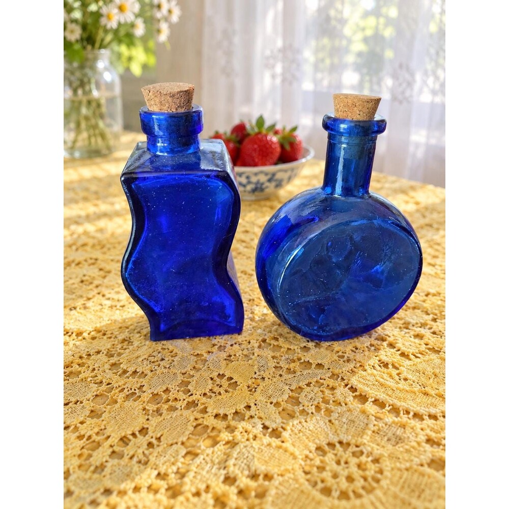 Set of 2 Cobalt Blue Glass Apothecary Bottles with Cork Stoppers